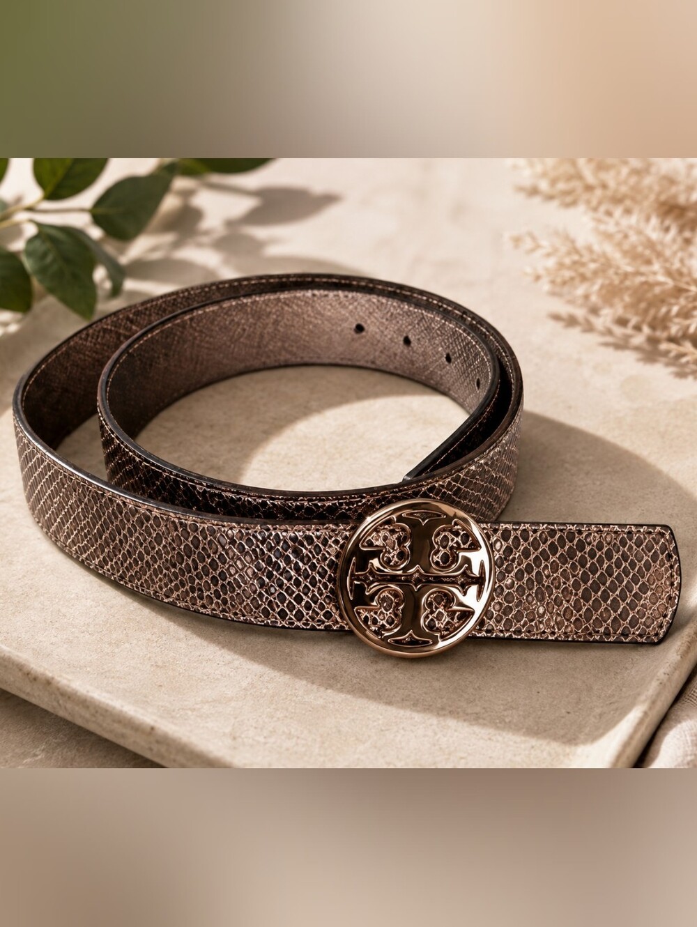 Tory Burch Metallic Bronze Snakeskin Embossed Belt Gold Logo Buckle Women's